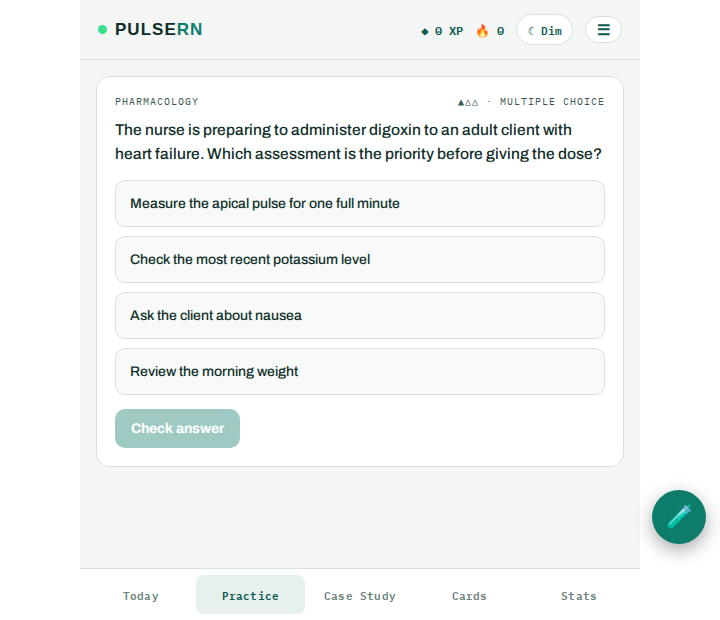 PulseRN adaptive NCLEX practice screen with a pharmacology question and four answer choices