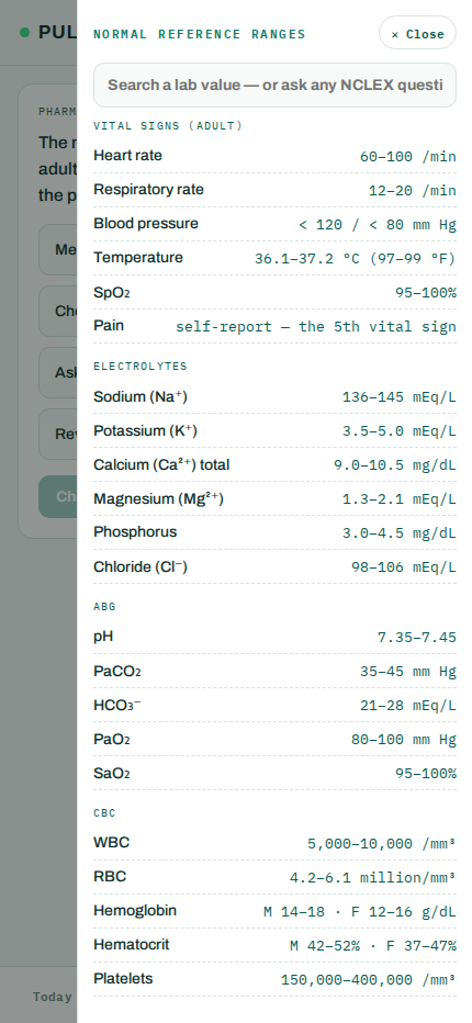 PulseRN mobile lab-reference drawer open over an adaptive practice question
