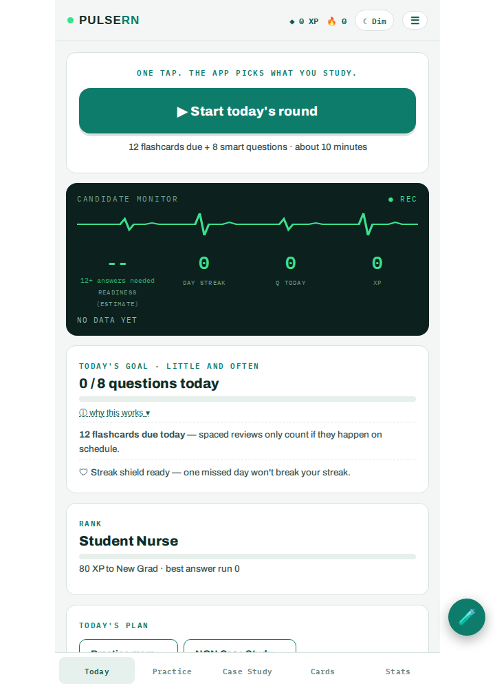 PulseRN Today dashboard showing the daily round, candidate monitor, study goal, and progress cards